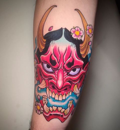 Gorgeous-Colorful-and-Floral-Hannya-Tattoo 