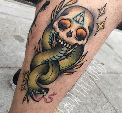 Gorgeous-Death-Eater-Tattoo-on-Calf 