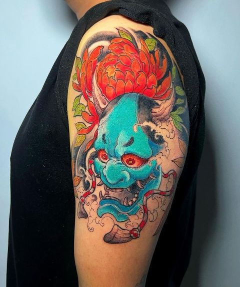 Lovely-Blue-Hannya-Mask-Tattoo 