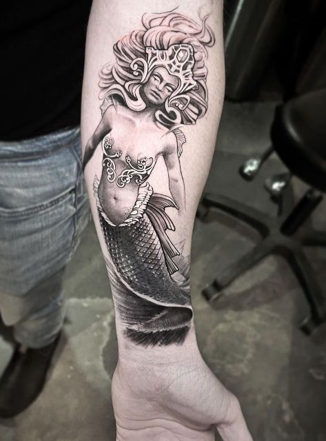 Fabulous-Medusa-and-Mermaid-Arm-Tattoo 