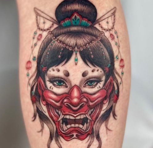 Amazing-Geisha-and-Hannya-Mask-Leg-Tattoo 