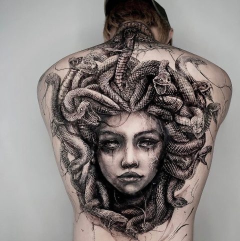 Amazing-Big-Sized-Medusa-Tattoo-on-Back 