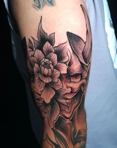 Gorgeous-Floral-Hannya-Arm-Tattoo 