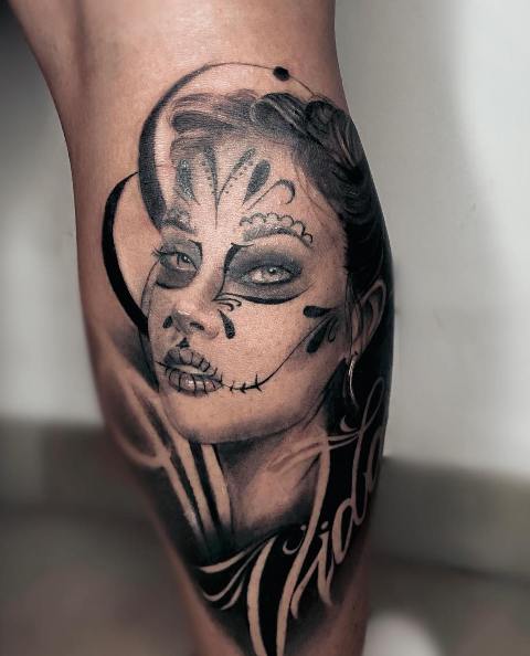 Attractive-Calf-Design-Chicano-Tattoo 