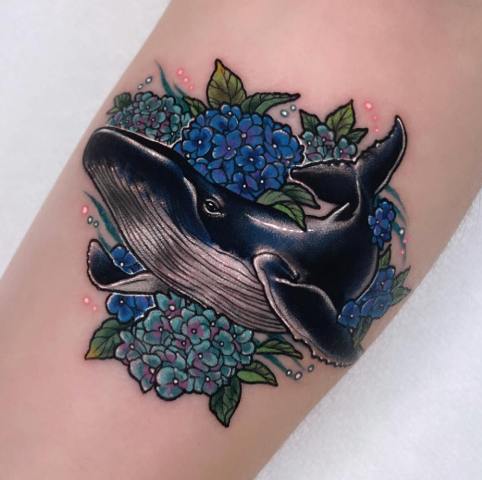 Attractive-Whale-And-Hydrangea-Tattoo 