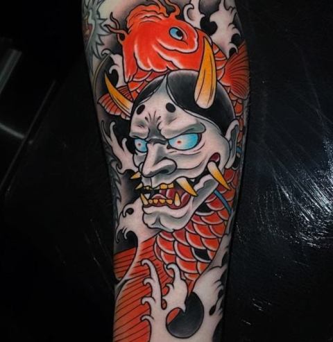 Stunning-Hannya-Tattoo-with-Koi-Fish 