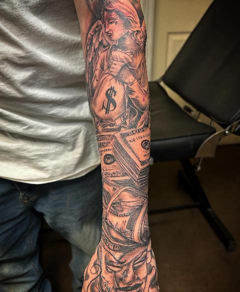 Stunning-Black-Ink-Sleeve-Money-Tattoo 