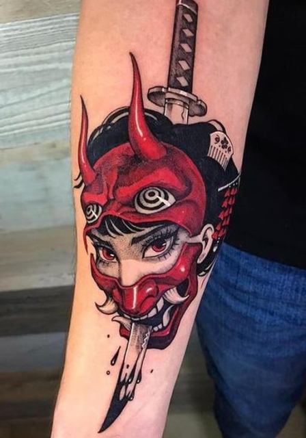 Gorgeous-Hannya-Mask-Tattoo-with-Katana 