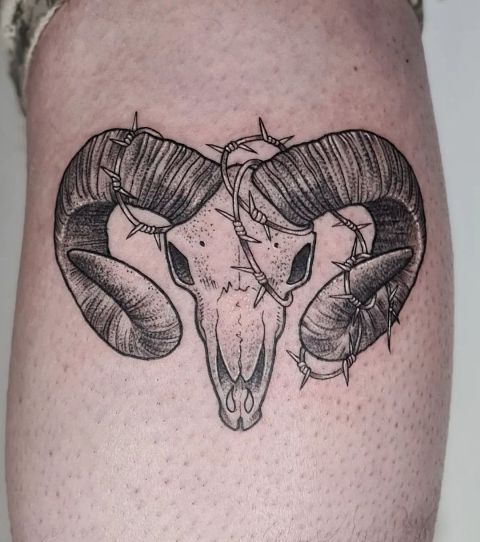 Attractive-Ram-Skull-Barbed-Wire-Tattoo
