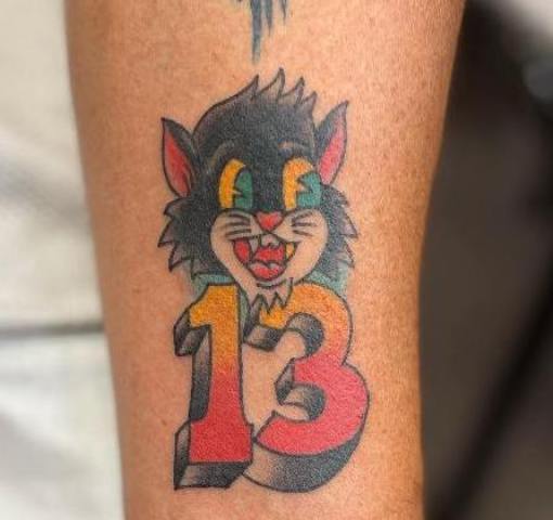 Amazing-Colorful-Cute-Cat-Lucky-13-Tattoo 