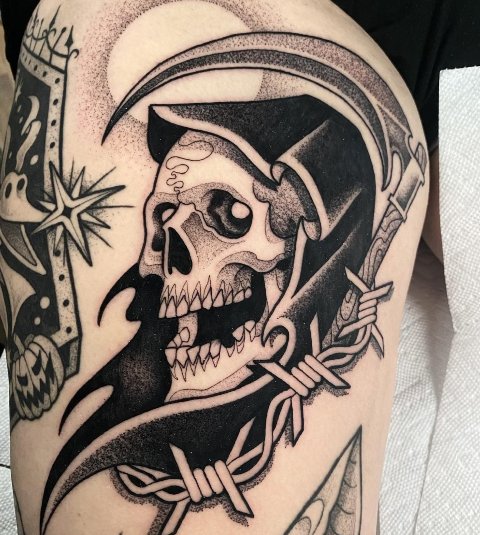 Gorgeous-Incredible-Barbed-Wire-Tattoo-with-The-Grim-Reaper
