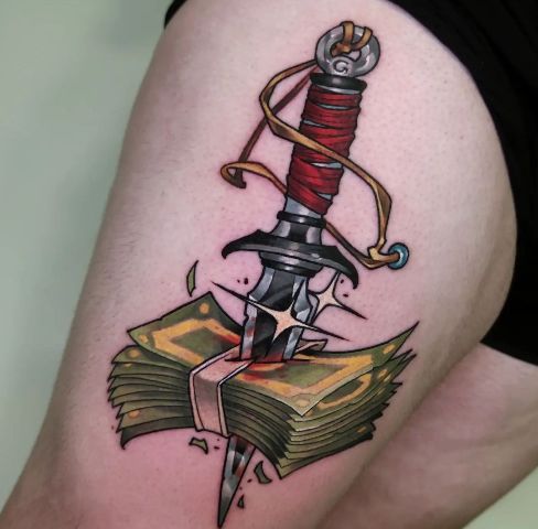 Fabulous-Dagger-Through-Money-Tattoo 