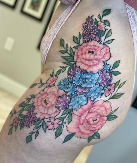 Attractive-Hydrangea-Tattoo-On-Thigh 