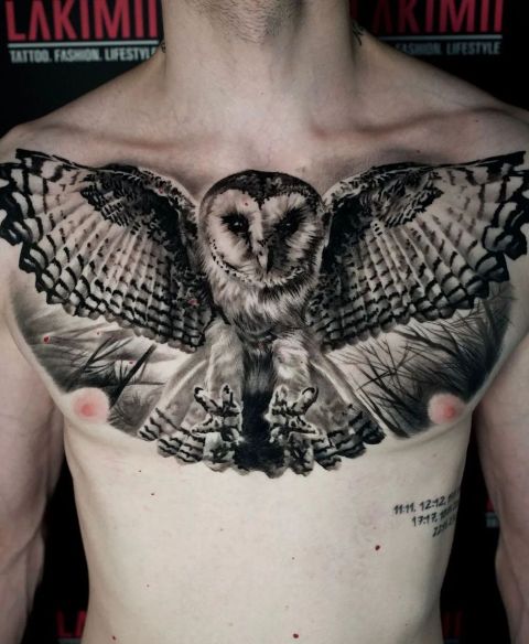 Amazing-Blackwork-Owl-Tattoo-on-the-Chest 