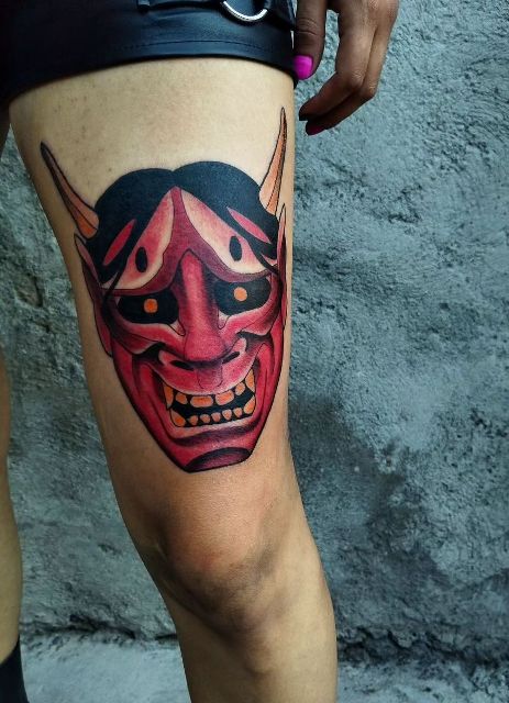 Wonderful-Red-Hannya-Tattoo-on-Thigh 