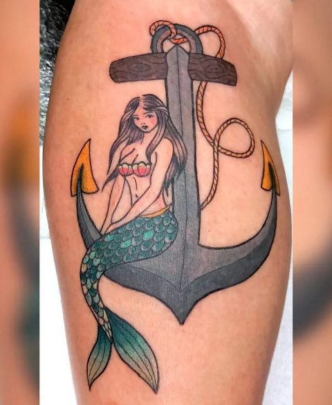 Gorgeous-Anchor-&-Mermaid-Calf-Tattoo 