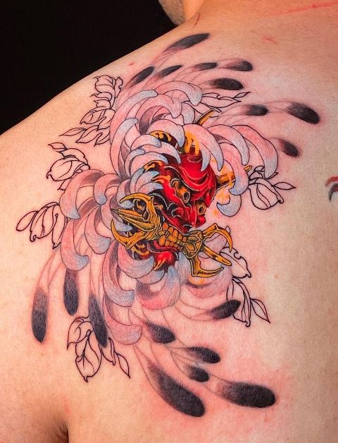 Fabulous-Hannya-Mask-&-Flower-Back-Tattoo 