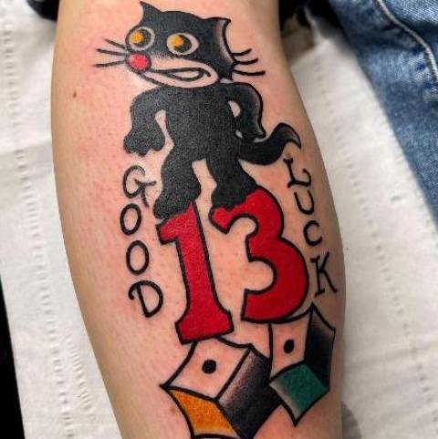 Fabulous-Lucky-13-Cat-Tatttoo-with-Dices 